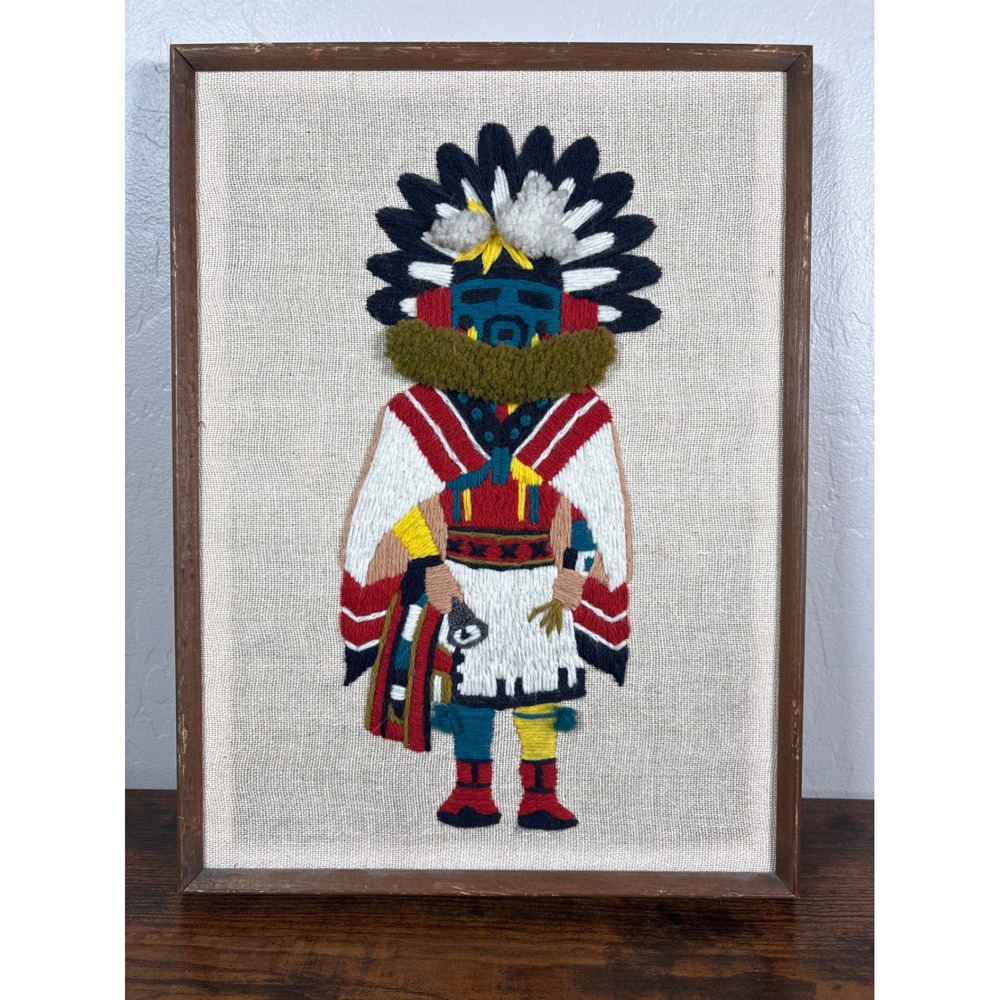 Vintage Kachina Dancer Crewel Embroidery Framed Wall Art‎ Southwestern Folk Art
